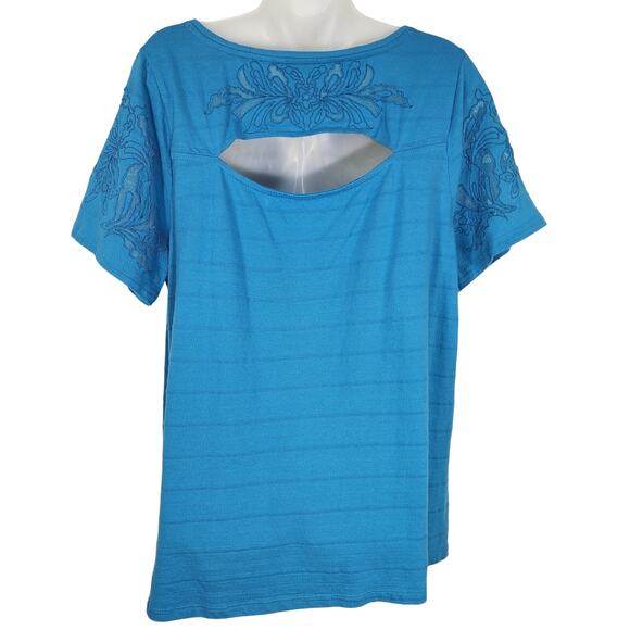 Soft Surroundings Top Large Ventana Tee Short Sleeve Embroidered Mesh Cut Out - Picture 2 of 10
